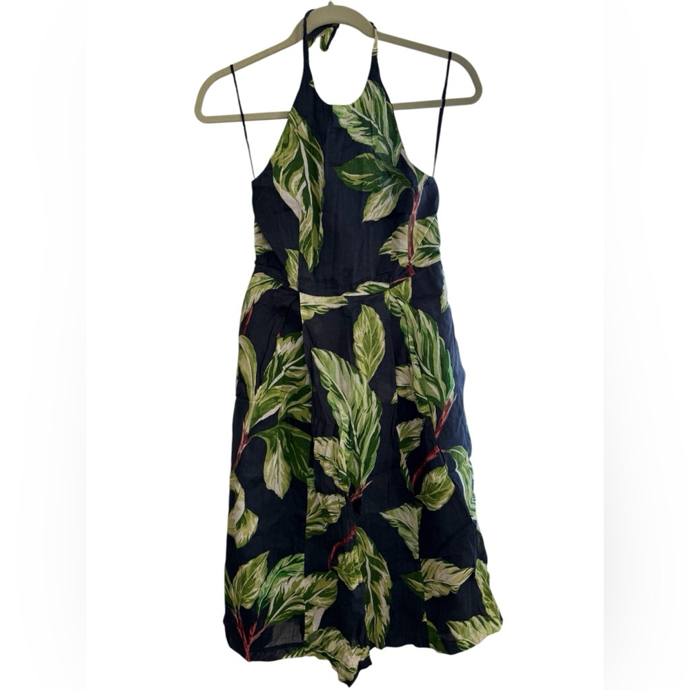 Ann Taylor Navy Halter Dress with green leaf design with pockets 2P